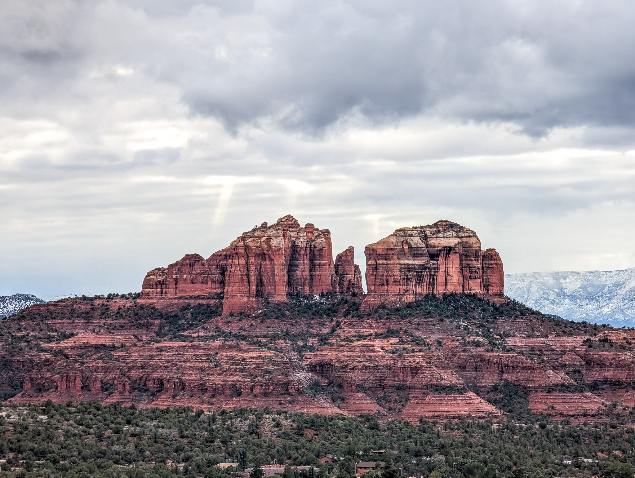 View of Cathedral Rock on a cloudy day in Sedona, Arizona